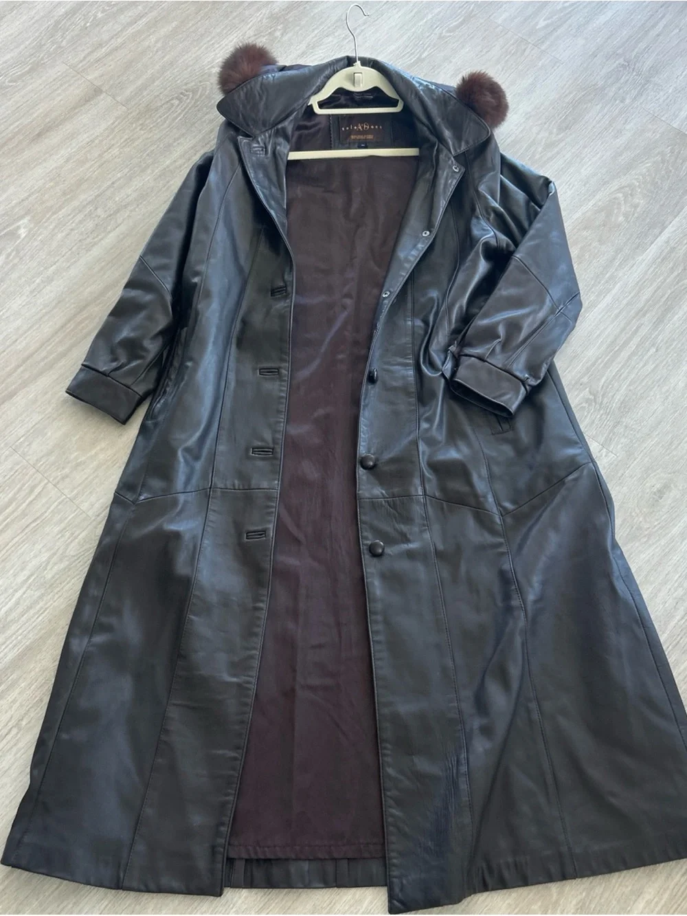 Vintage Leather Coat Womens M Brown Lamb Leather Fur Trim Hood Made Canada Long - Picture 2 of 15
